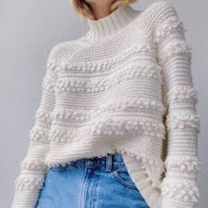 Lou Grey Sweater Snowbird Pom Pom Womens L Cream full length  Mock neck Chunky